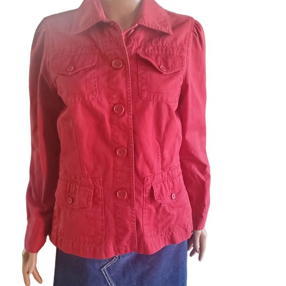 CABI Sz M Brick Red Cotton Twill Unlined Button Up Field Jacket Blazer Style 208 - Picture 1 of 10